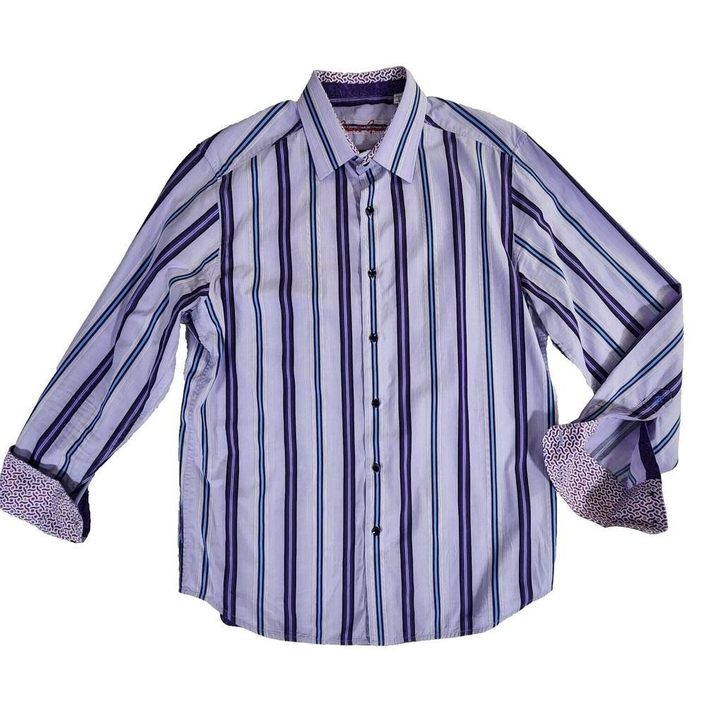 Robert Graham Shirt Men's Large Purple Striped Flip Cuffs Geometric Button Up
